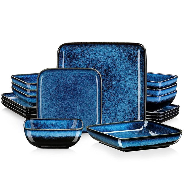 vancasso Stern Blue Dinnerware Set Square Tableware 16 Pieces Kitchen Dinnerware Stoneware Crockery Set with Dinner Plate, Dessert Plate, Bowl and Soup Plate Service for 4