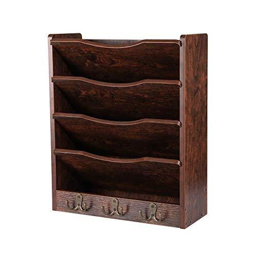 PAG 5-Tier Wood Hanging Wall File Holder Organizer Magazine Literature Rack with 6 Hooks, Retro Brown