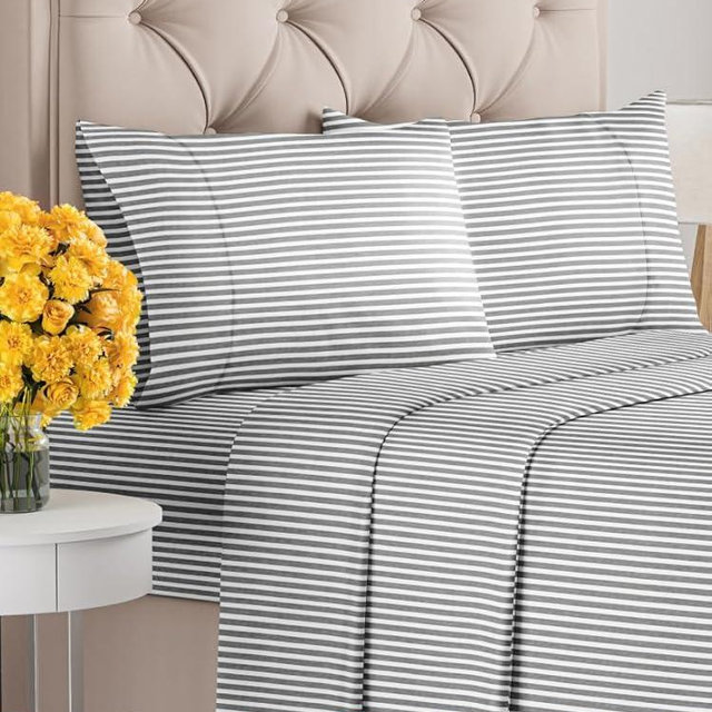 Full Size 4 Piece Sheet Set - Ultra Soft & Cooling Bed Sheets - Fits 8 Inch to 16 inch Mattress - Wrinkle Free & Fade Resistant w/ Deep Pockets - Breathable, Comfy Hotel Luxury Bedding - Grey Stripes