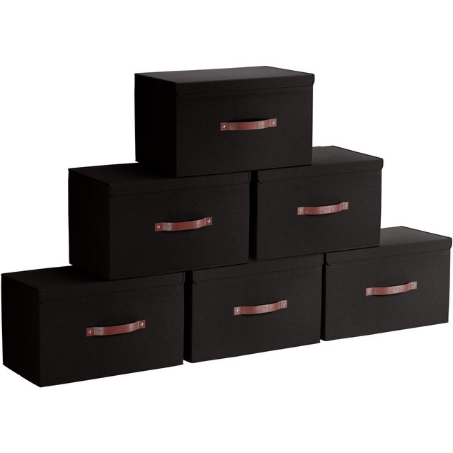 Ornavo Home 6 Pack Foldable Linen Large Storage Bin with Faux Leather Handles and Lid - Black