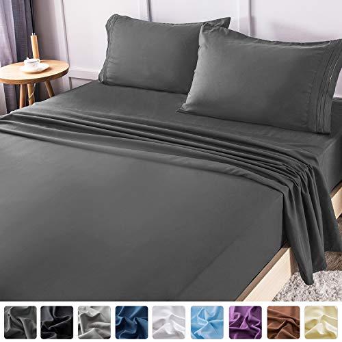 LIANLAM Queen Bed Sheets Set - Super Soft Brushed Microfiber 1800 Thread Count - Breathable Luxury Egyptian Sheets 16-Inch Deep Pocket - Wrinkle and Hypoallergenic-4 Piece(Queen, Dark Grey)