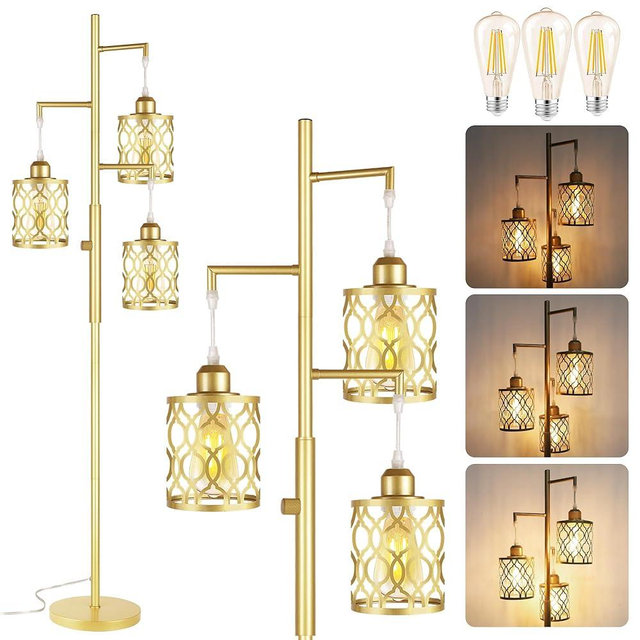 ROTTOGOON 68" Gold Floor Lamp, Dimmable Industrial Floor Lamps for Living Room, 3 Light Rustic Standing Tall Lamp Including 3 PCS 6W E26 Bulbs, Farmhouse Tree Floor Lamp for Bedrooms, Office, Bar