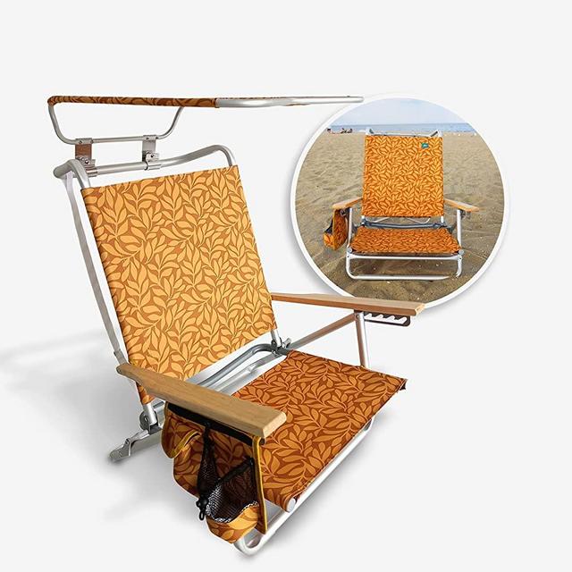 Bliss Hammocks BBC-351-AL Folding Beach Chair W/Canopy, 5 Reclining Positions, Storage Pouch, Phone, Cup Holder, and Shoulder Straps Included, 275 Lbs. Capacity, Amber Leaf
