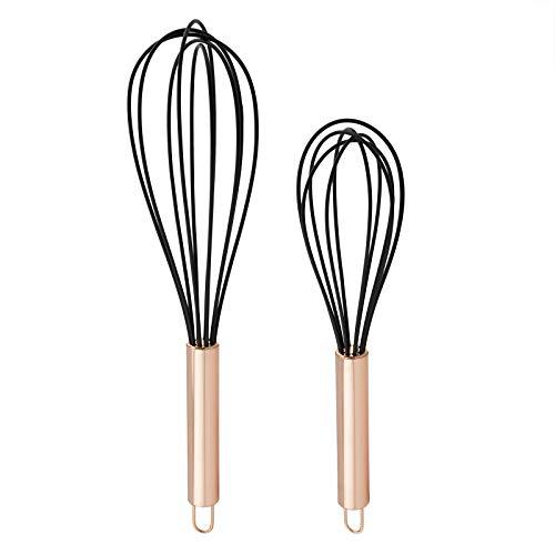 COOK with COLOR Silicone Whisks for Cooking, Stainless Steel Wire Whisk Set of Two - 10” and 12”, Heat Resistant Kitchen Whisks, Balloon Whisk for Nonstick Cookware - Rose Gold and Black