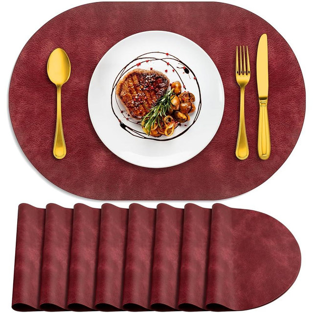 ADRIMER Placemats, Heat Resistant Oval Placemats Set of 8 Washable 12 x 17 Inch, Waterproof Table Mats, Wipeable Pu Place Mats for Kitchen, Dining Room, Wine Red