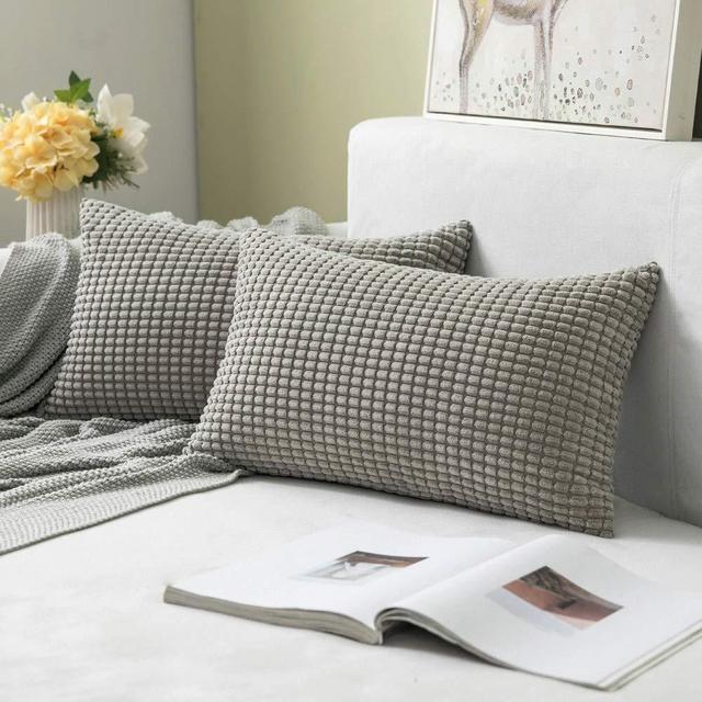 MIULEE Pack of 2 Decorative Lumbar Throw Pillow Covers Soft Corduroy Solid Cushion Case Light Gery Pillow Cases for Couch Sofa Bedroom Car 12 x 20 Inch 30 x 50 cm