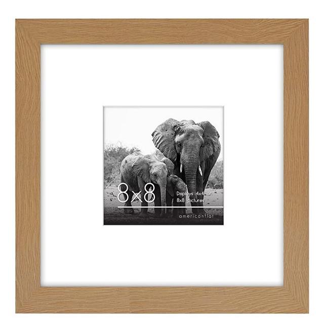Americanflat 8x8 Picture Frame in Oak - Displays 4x4 With Mat and 8x8 Without Mat - Composite Wood with Shatter Resistant Glass - Horizontal and Vertical Formats for Wall and Tabletop