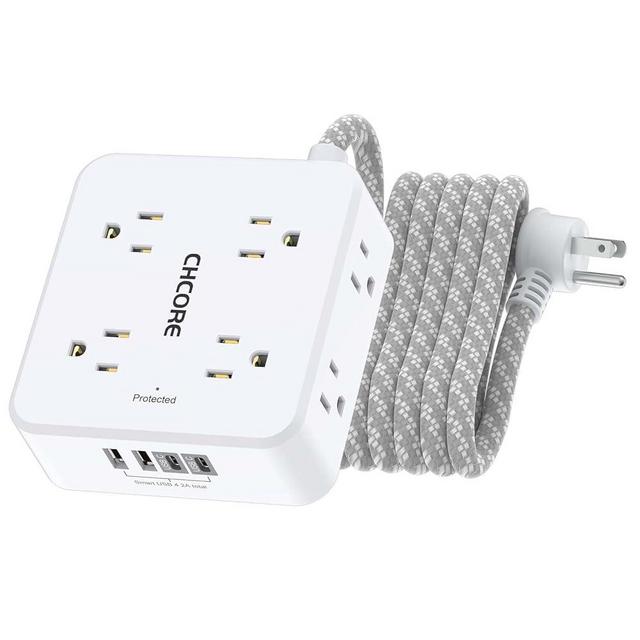 Surge Protector Power Strip - CHCORE 10 Ft Braided Extension Cord with 8 Outlets with 4 USB (2 USB C) Charging Ports, Flat Plug Multi Plug Outlet Extender Charging Station for Home Office, ETL, White