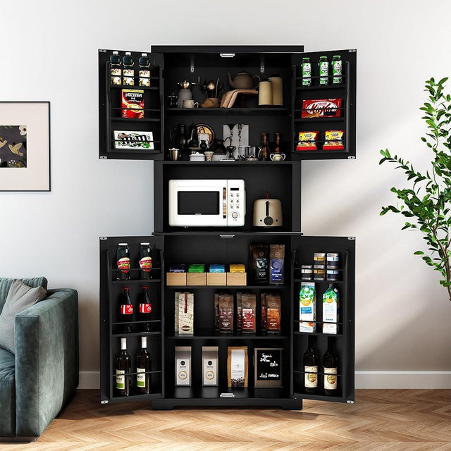 HLR 72" Kitchen Pantry Storage Cabinet, Freestanding Larder Cupboard, Kitchen Hutch Cabinet with Microwave Stand,Utility Pantry with Doors and Shelves for Dining Room, Living Room, Laundry