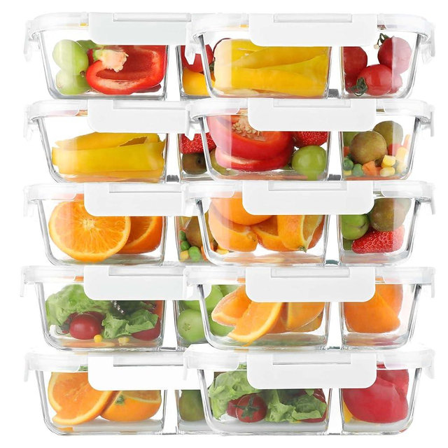 BAYZZ 10 Pack 30 oz Glass Meal Prep Containers 2 Compartments, Glass Storage Containers with Lids, Airtight Lunch Bento Box, BPA-Free, Freezer and Microwave Safe, White