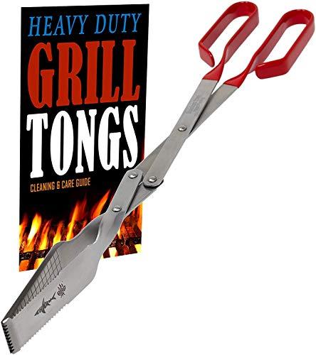 Grill Tongs - Heavy Duty Barbecue Grilling Tong w Red PVC Handle - Long Stainless Steel BBQ Tool - Wide Grip Kitchen Tongs w Knife Edge - Grill Tools
