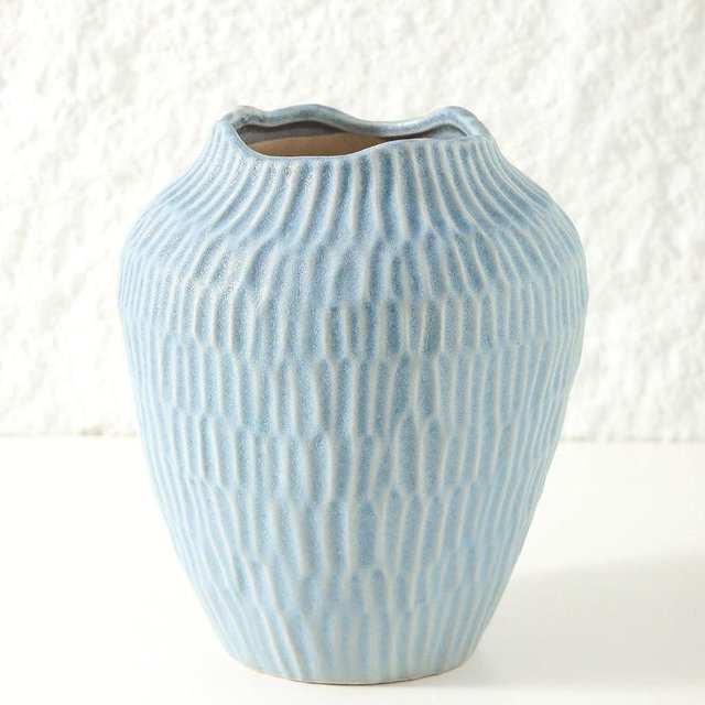 Uiddo Ceramic Vase for Home Decor,7.8 Inch Flower Vase，Decorative Blue Vase for Pampas Grass，Modern Art Texture Vase for Home Entryway Living Room Dining Table Farmhouse Office Decor-Mat Blue