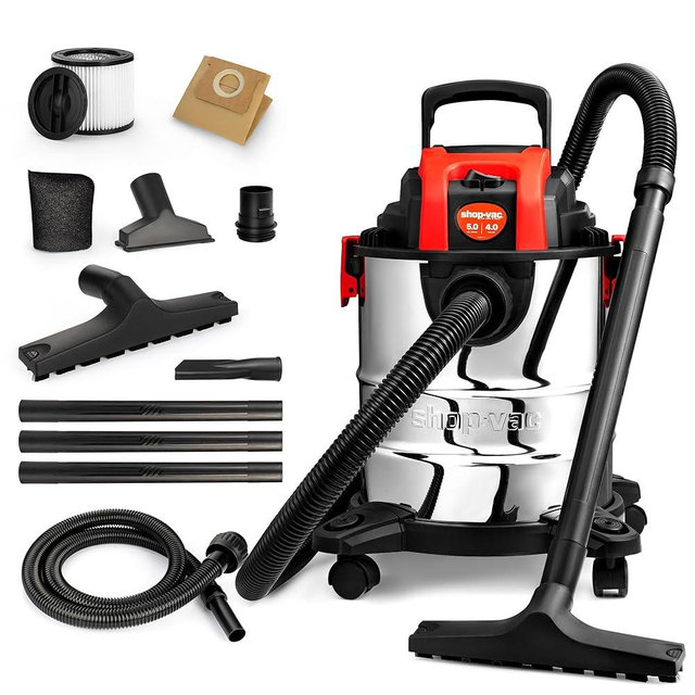 Shop-Vac 5 Gallon 4.0 HP Wet/Dry Vacuum with Blower Function, Stainless Steel Tank, Portable Shop Vacuum with Wheels, Includes Filters, Hose & Accessories, Ideal for Garage and Workshop