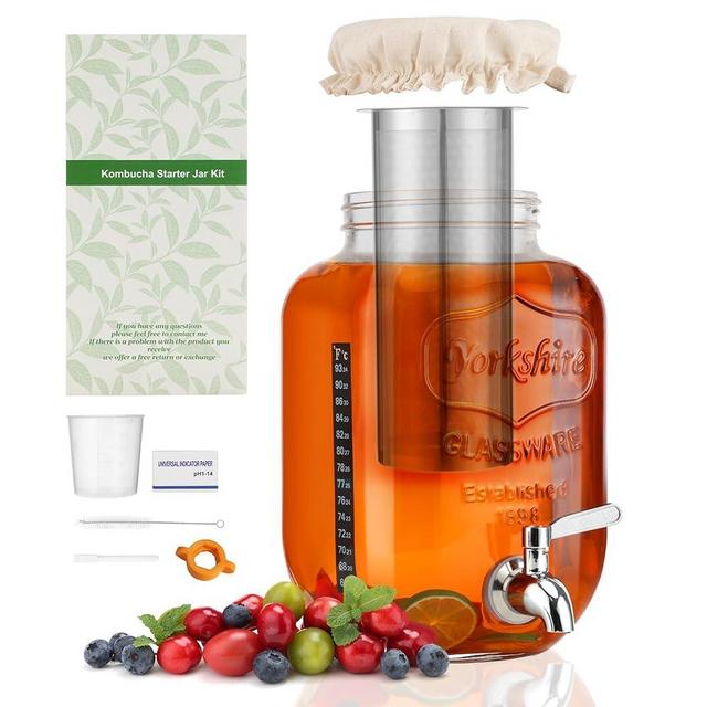 1 Gallon Kombucha Starter Kit, Glass Kombucha Jar with Spigot and Stainless Steel Mesh Filter Fermentation Kit for Home Brewed Kombucha Bottles, Includes Test Strips, Measuring Cups, Cloth Top