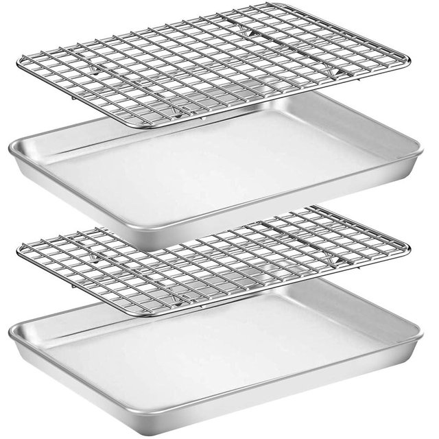 Baking Sheet with Rack Set [2 Pans + 2 Racks], Wildone Stainless Steel Cookie Sheet Baking Pan Tray with Cooling Rack, Size 9 x 7 x 1 Inch, Non Toxic & Heavy Duty & Easy Clean