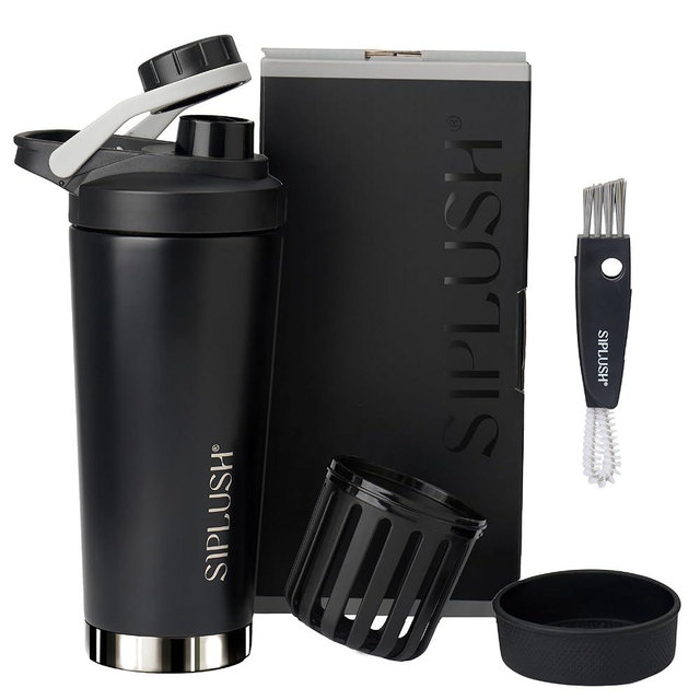 SIPLUSH Paradise Shaker Bottle, 24 oz Insulated Stainless Steel Protein Shaker with Lid Brush & Protective Boot, Leakproof Twist-Off Cap, Onyx Silver with Mirror-Finish Bottom, Hollywood Noir