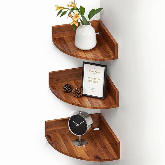 Demigo Corner Shelf Wall Mount Set of 3, Solid Acacia Wood Floating Corner Shelves for Storage and Display, Hanging Wood Shelves for Bedroom, Kitchen, Living Room, Bathroom (Dark Brown)