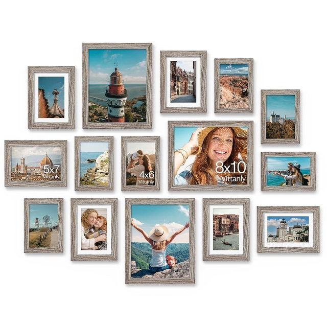 Vittanly 15 Pack Picture Frames Collage Wall Decor for Mounting or Tabletop Display, Gallery Frame Set for Family, Multi Sizes Including 3pcs 8x10, 6pcs 5x7, 6pcs 4x6, Dark Grey