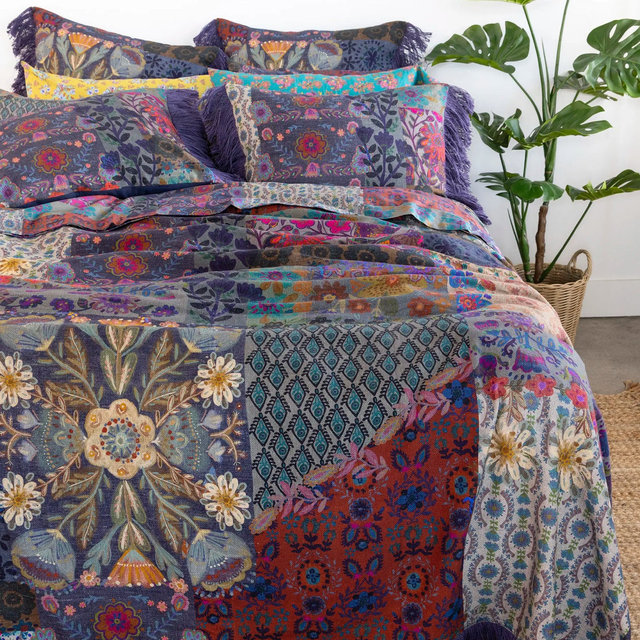Boho Fringe Bedspread - Blue Patchwork