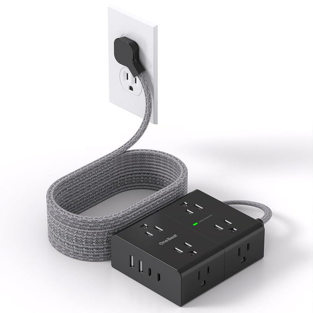 Surge Protector Power Strip 15 Ft Cord, Ultra Thin Flat Extension Cord with 8 Outlets 4 USB Ports(2 USB C), Flat Plug Power Strip, 15 Ft Long Braided Power Cord for Home, Office, Dorm Essentials - BK