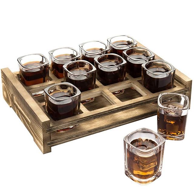 MyGift 12 Shot Glass Server with Rustic Burnt Wood Tray