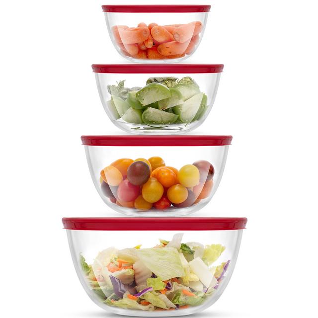 JoyJolt Kitchen Mixing Bowls - 8pc Glass Bowls with Lids Set – Neat Nesting Bowls - Large Mixing Bowl Set Batter Bowl - Cooking Bowls - Storage Bowls with Lids and Big Salad Bowl with BPA-Free Lids