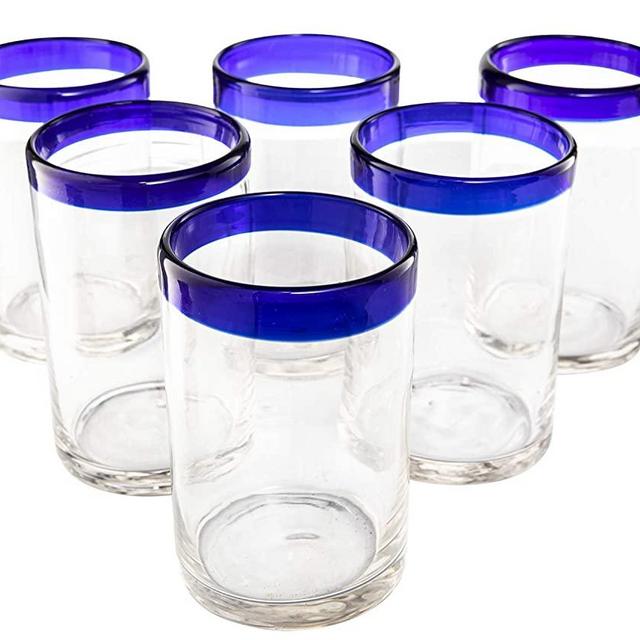 Hand Blown Mexican Drinking Glasses – Set of 6 Glasses with Cobalt Blue Rims (14 oz each) by The Wine Savant