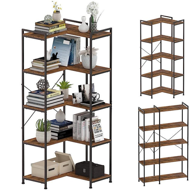 Tohomeor Bookshelf 5 Tier Deformable Corner Bookcase Free Standing Modern Industrial Book Storage Display Book Shelf for Bedroom Living Room Study Room Office (Brown)