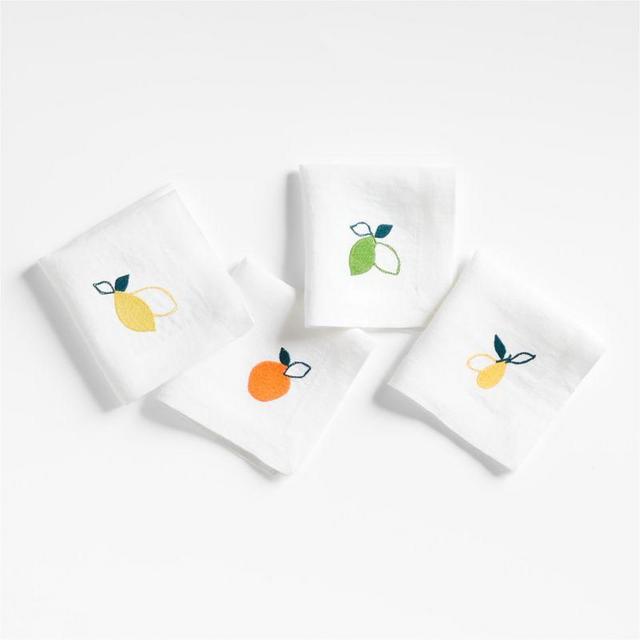 Citrus Embroidered European Flax ®-Certified Linen Cocktail Napkins, Set of 4