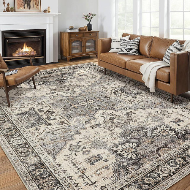 homewill Area Rug for Living Room - 9x12 Soft Machine Washable Oriental Vintage Floral Distressed Large Indoor Floor Carpet for Bedroom Under Dining Table Home Office Decor - Brown