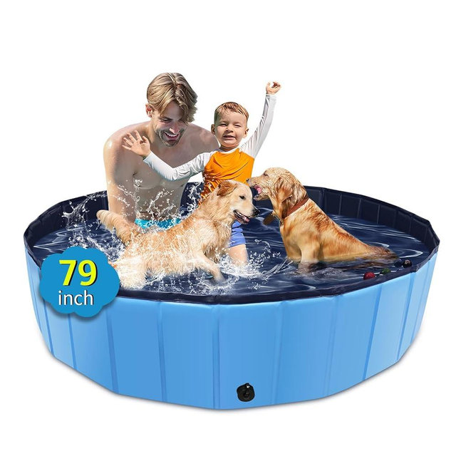 CACSPS Foldable Dog Pool, 79" x 14" Large Kiddie Pool with Hard Plastic, Non-Slip Dog Bath Tub for Outdoor Backyard, Collapsible Dog Swimming Pool for Kids Dogs Pets (Blue)