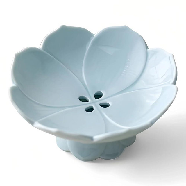 Petal-Shaped Ceramic Berry Basket with Holes & Detachable Drip Catcher Base - 6” Small Fruit Bowl, Colander for Grapes, Cherries, Tea Infuser Holder, Dishwasher Safe Kitchen & Table Decor