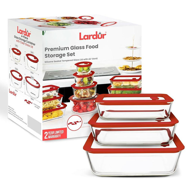 Lardur Glass Food Storage Containers with Glass Lids 3 Pack - Rectangle Meal Prep Food Container Set with Airtight Lids - Microwave & Dishwasher Safe 100% Plastic Free, Vented Gift Packaged, Red Color