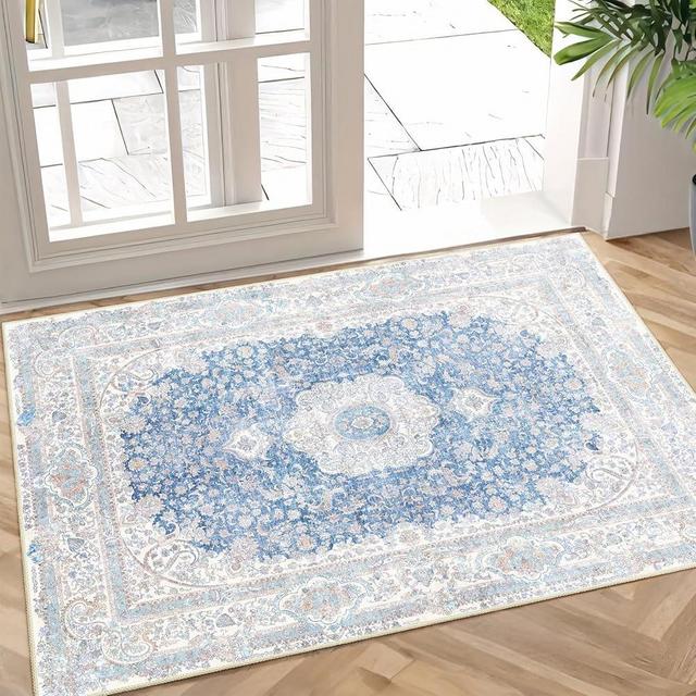 Castage Small Rugs 2x3,Blue Rug for Entryway Bathroom Bedroom Kitchen Entrance Doormat,Boho Vintage Bohemian Distressed Washable Accent Floor Throw Carpet Non Slip,Floral