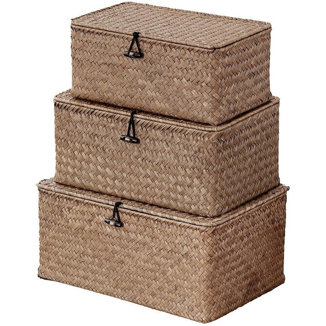 Nonam Seagrass Storage Baskets with Lid Set of 3,Wicker Basket Storage Bin for Shelves,Rectangular,Boho Decor,Handwoven Shelf Basket for Organizing-Storage Container Box for Home Organization-Coffee