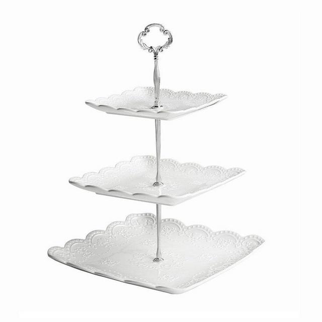 WINCANG 3-Tier Porcelain Square Lace Stacked Party Cupcake and Dessert Tower - White Cake Stand (3 Tier, White)
