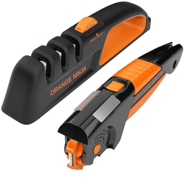 Orange Ninja Ultimate Sharpening Bundle – 5-Angle Adjustable Kitchen Knife Sharpener & All-in-1 Garden Tool Sharpener for Lawn Mower Blades, Scissors, Axes, Pruners, and More
