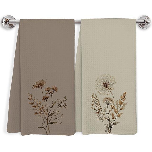 RYVJU Boho Minimalist Floral Kitchen Towels Set of 2, Neutral Wildflower Botanical Hand Towels for Bathroom Decor, Rustic Dandelion Floral Dish Towels Drying Cloth for Kitchen, 16x24 Inch