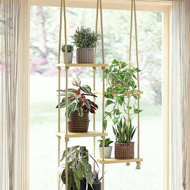 Gentingbro Window Plant Shelves Wood Hanging Shelves Macrame Window Shelf for Plants Hand Woven Window Sill Plant Shelf Indoor Hanging Plant Stand Window Plant Hanger Indoor Boho Decor Living Room Bedroom Decor Boho Wall Decor