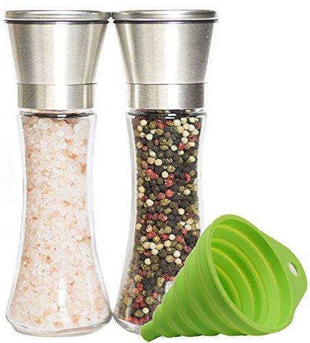 Premium Stainless Steel Salt and Pepper Grinder Set of 2 - Adjustable Ceramic Sea Salt Grinder & Pepper Grinder - Tall Glass Salt and Pepper Shakers - Pepper Mill & Salt Mill with Free Funnel & EBook