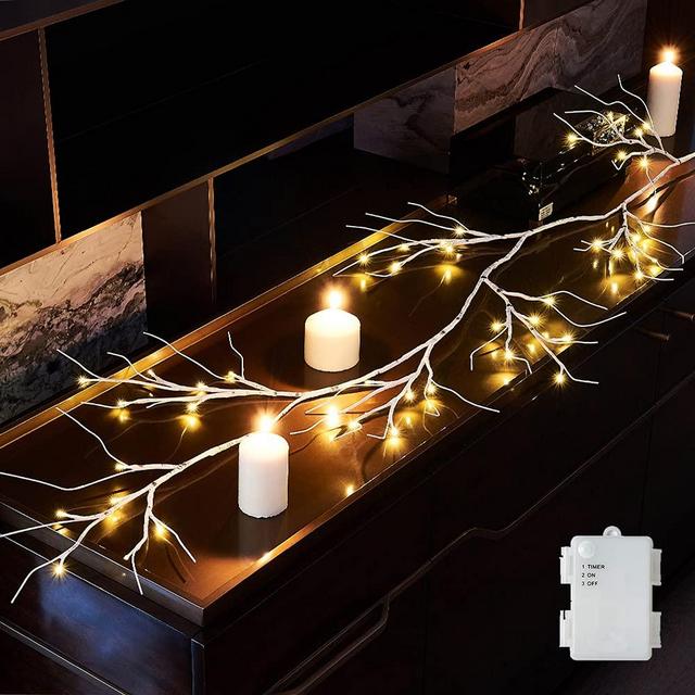 Hairui Birch Garland Lights 6FT 48 LED Battery Operated - Lighted Twig Vine with Timer for Christmas Fireplace Decoration Indoor Outdoor Use