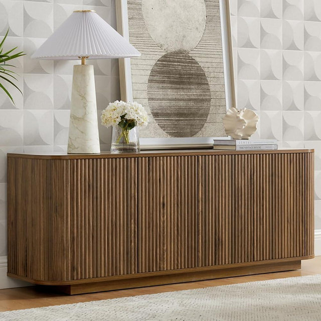SZTHHDF 64" Buffet Sideboard Cabinet with Storage, Modern Fluted Accent Credenza with Adjustable Shelves, Wood Coffee Bar Console Table for Living Room Kitchen Dining Room Hallway, Walnut