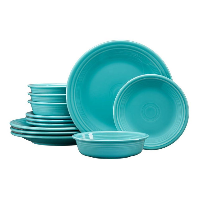 Fiesta® Classic Rim 12-Piece Dinnerware Set – Durable Ceramic, Lead-Free, Dishwasher/Microwave/Oven Safe – Made in USA Dinnerware - Turquoise