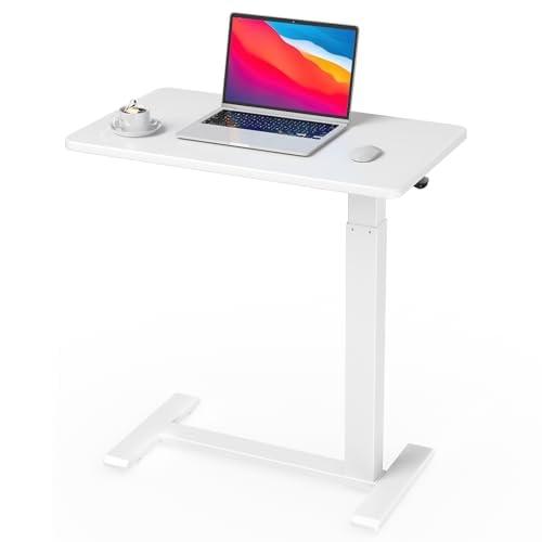 Ywin Medical Adjustable Overbed Bedside Table with Wheels, Swivel Rolling Standing Desk, Pneumatic Small Side Bed Table with Tray for Couch, Hospital, Home,Office Use,(28" W X 16" D, White)