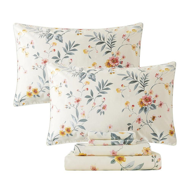 FADFAY Floral Sheets Queen Vintage Pink Floral Bedding Shabby Beige Elegant Botanical Sheets Rustic Farmhouse Bedding 800 Thread Count 100% Egyptian Cotton Deep Pocket Fitted Sheet 4Pcs, Queen Size