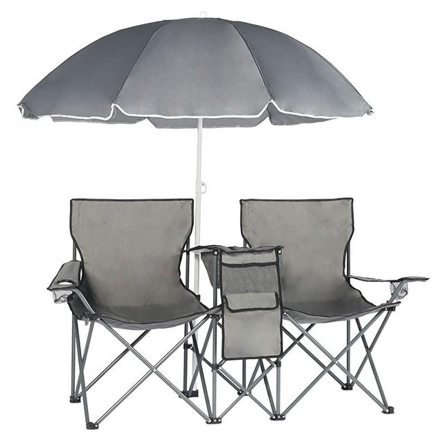 Portable Double Folding Picnic Camping Chairs w/Removable Umbrella, Loveseat Camp Chairs with Mini Table Beverage Holder Carrying Bag for Outdoor Beach Patio Pool Park - Grey