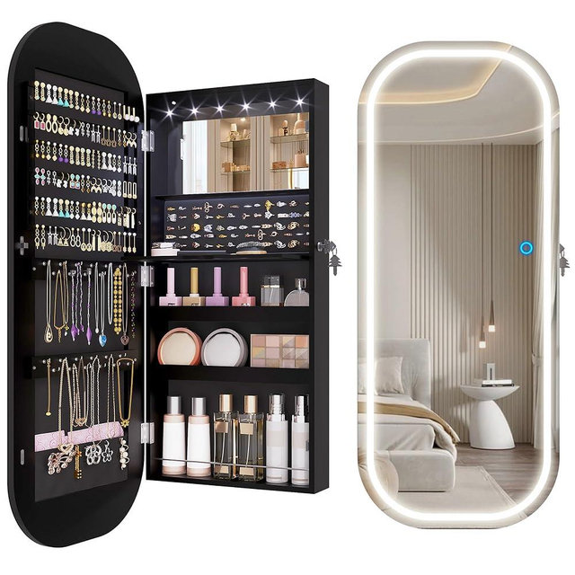 LVSOMT LED Mirror Jewelry Cabinet, Wall/Door Mount Jewelry Mirror Organizer, Rounded Full Length Mirror with Storage, Lockable Jewelry Armoire, 16" Wide, Foldable Shelf, Interior Mirror, Black