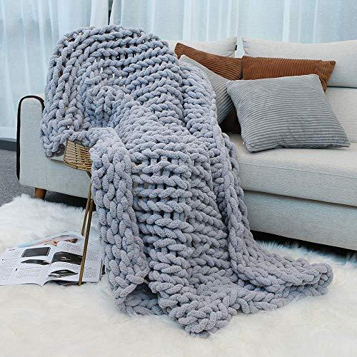 Inshere Luxury Chunky Knit Throw Blanket (48"x60")-Large Cable Knitted Soft Cozy Polyester Chenille Bulky Blankets for Cuddling up in Bed, on The Couch or Sofa (Slate Grey)