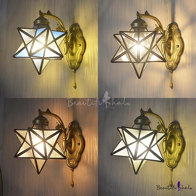 Vintage Brass Wall Light Star Shade 1 Light Glass Wall Lamp with Pull Chain for Hallway - Clear
