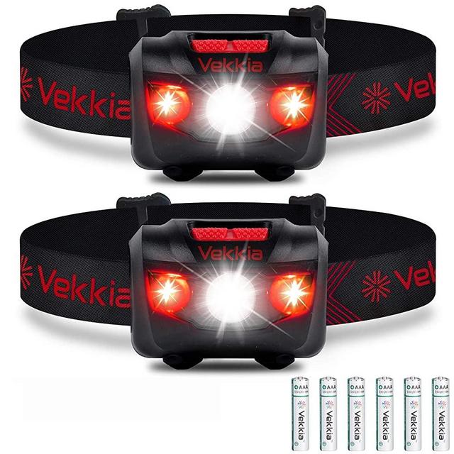 Vekkia Ultra Bright LED Headlamp Flashlight (2 Pack), White and Red Light Headlight with Adjustable Headband, IPX6 Water Resistant. Great for Outdoors, Running, Camping. 3 x AAA Batteries Included
